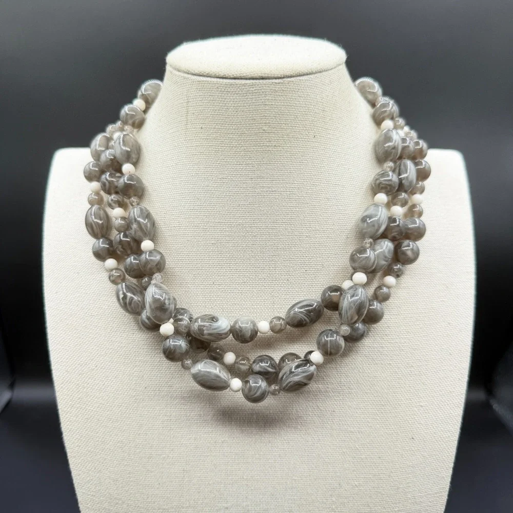Gray Marbled Beaded Multi Strand Statement Necklace White Accent Beads Chunky